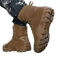 Load image into Gallery viewer, Tan tactical boots with a camouflage leg background