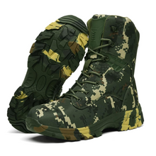 Load image into Gallery viewer, Camouflage military boots with digital pattern on a white background
