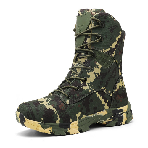 Camouflage military boot on a white background