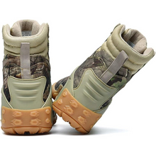 Load image into Gallery viewer, Camouflage hiking boots with brown soles on a white background

