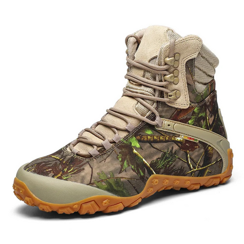 Camouflage boot with beige and brown accents on a white background
